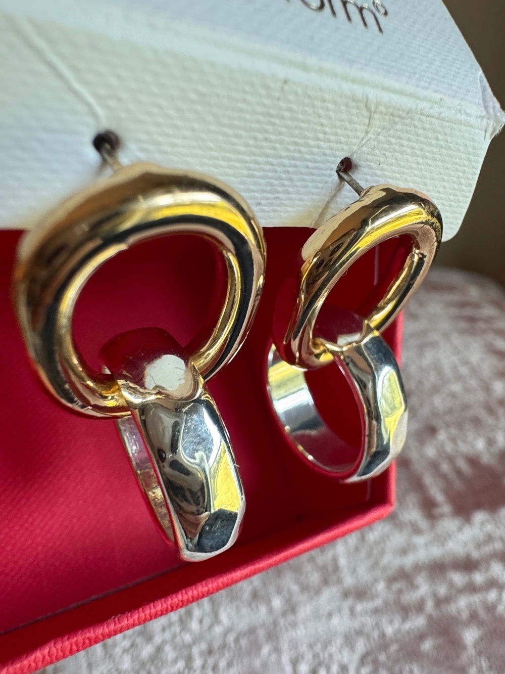 TRUE TO FORM Gold and Silver Two-Tone Hoop Drop Earrings - Women's new in box